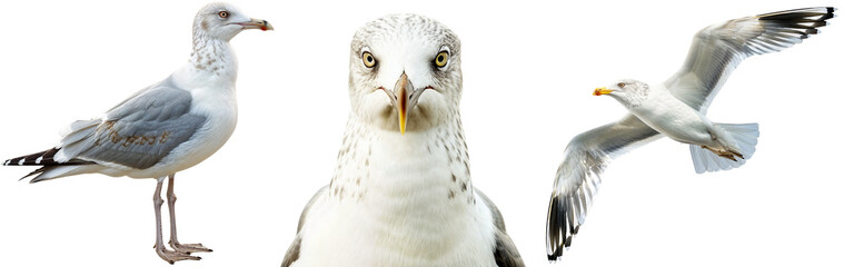 Obraz premium Seagull collection, standing, portrait and flying, isolated on a white background
