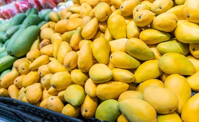 Gordijnen Pile of yellow mangoes in market © xy