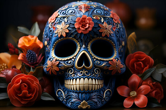 Day of the Dead sugar skull with floral decoration on dark background.