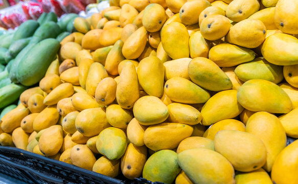 Pile of yellow mangoes in market