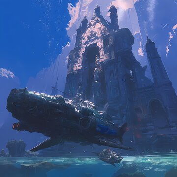 Immerse in a Sci-Fi Vision with the High-tech Submarine Navigating the Depths Near an Awe-inspiring Underwater Cathedral.