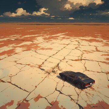 Vintage Car Abandoned in the Desert - Cracks on the Earth's Surface