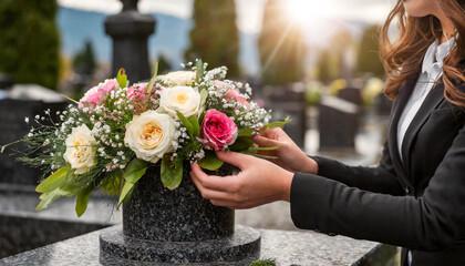 Close-up of the hands of a woman, putting a funeral wreath of flowers on a black granite tombstone in a cemetery. Mourning concept. Generative Ai.