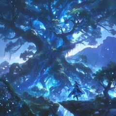 Majestic Fantasy Landscape with Enchanted Blue Tree and Dreamy Fairy Tale Atmosphere