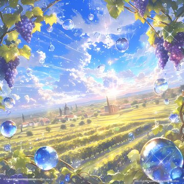 A breathtaking view of a vineyard bathed in morning light, with delicate bubbles floating above the grapevines. The perfect stock image for luxury, celebration, and nature-inspired content.