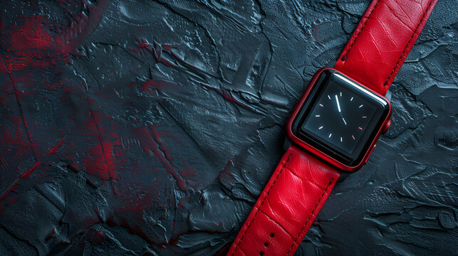 Red Wrist Mens Watch On A Black Background. Mens Accessories, Place For Text. Top View, Luxury Watch Isolated On A Black Background, Wedding Watch  Grom
