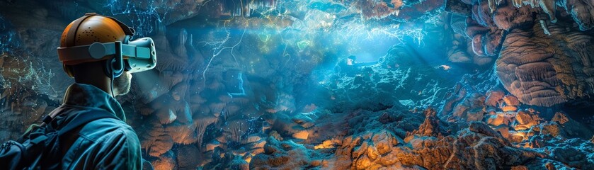Virtual reality experience of exploring caves, integrated with augmented reality to show geological and cellular layers - obrazy, fototapety, plakaty