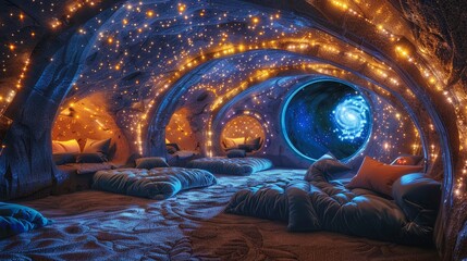 Obraz premium A galaxy where black holes are safe, cozy retreats inside, filled with soft pillows and warm lights, serving as cosmic hideaways