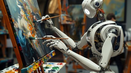 A quirky depiction of AI robots learning to paint like the Old Masters, with robotic arms handling delicate brushes and palettes - obrazy, fototapety, plakaty