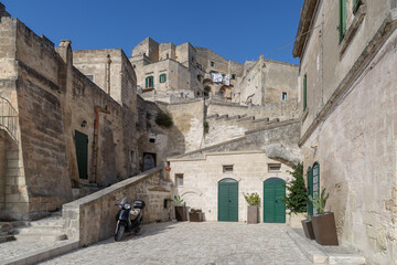 Fototapeta na wymiar Street in Matera old town, Sassi di Matera, Basilicata region, Italy. UNESCO World Heritage Site