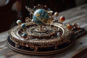 A small galaxy operated by clockwork gears, where the planets move on intricate tracks powered by cosmic wind, depicted in steampunk style
