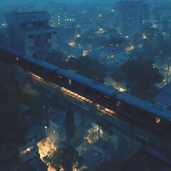 Moving Train in Nighttime Urban Setting with Dense Fog