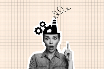 Creative photo collage young amazed impressed girl half head facture production setting cogwheel...