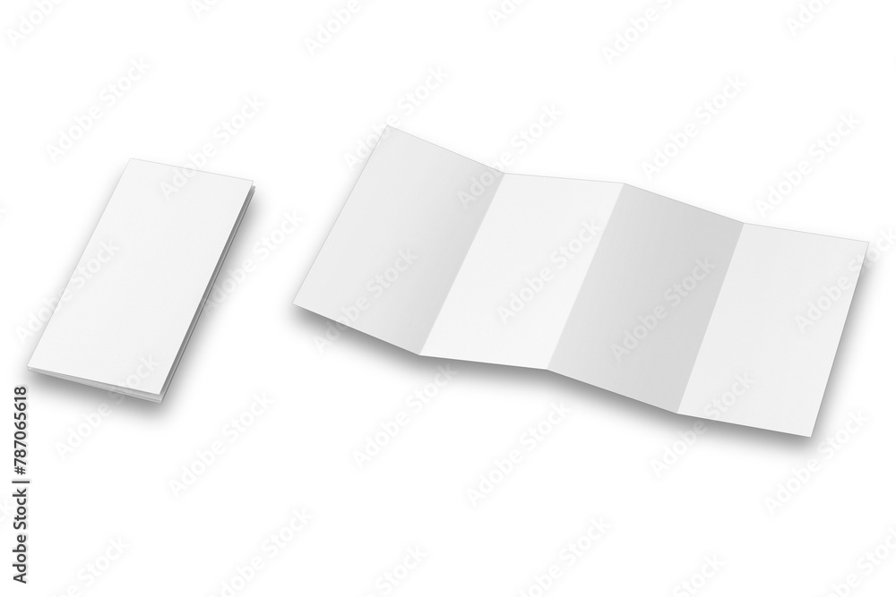 Poster empty blank white 8 page leaflet, 4 panel accordion fold vertical brochure mock up isolated on white