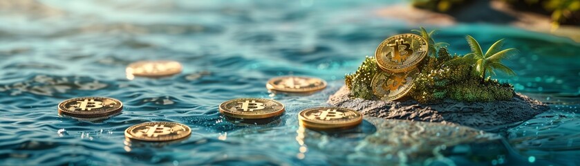 Digital currency and cryptocurrencies like treasures hidden within the remote islands of the digital finance sea - obrazy, fototapety, plakaty