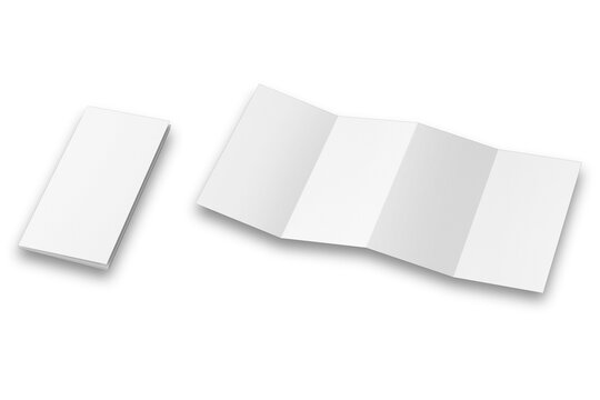 Empty Blank white 8 page leaflet, 4 panel accordion fold vertical brochure mock up isolated on white background.3d rendering.