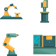 Cnc machine icons set cartoon vector. Comp numerical controlled milling machine. Industrial tool