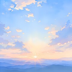 Tranquil Dawn Blossoms: A Pastel Watercolor Sunrise Painting Over the Mountains