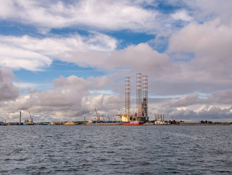 Drilling rig in harbor of Grenaa, Djursland, Midtjylland, Denmark