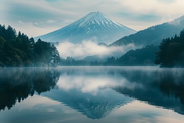 Sunrise Over Mount Fuji Reflected in a Calm Lake Surrounded by Autumn Trees