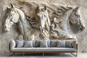 Classical Bas-Relief Sculpture of Horses on a Stone Wall