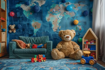 Childrens playroom studio setup with classic toys as backdrop for child photo session
