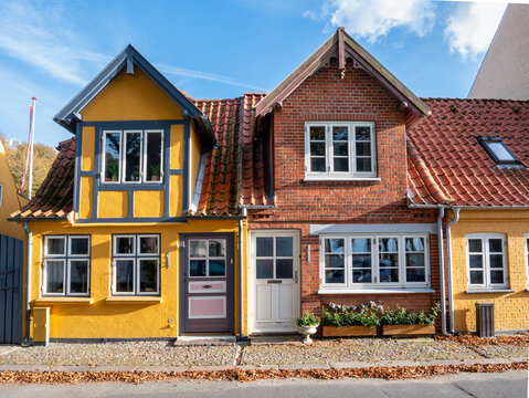 Scenic old houses along Kirkestraede in old town of Bogense, Funen, Denmark