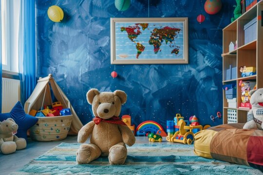 Classic toys playroom background for childs studio photo session with vintage toys as props