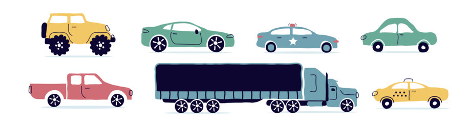 A set of modern cars. Taxi, policeman, convertible, pickup truck. A truck, an SUV, a subcompact. City cars in a flat style. for the Internet, print, banner, card. vector art illustration.