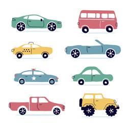 A set of modern cars. Taxi, police, convertible, pickup truck. Bus, SUV, small car. Urban types of cars in a flat style. for the web, print, banner. vector art  illustration.