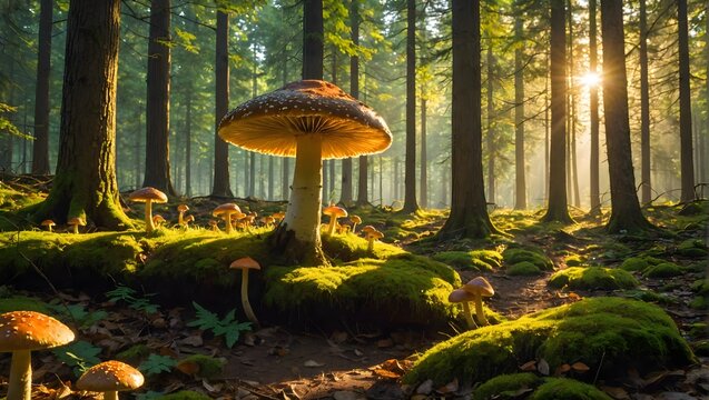 A-sunlit-forest-glade-with-shafts-of-golden-light-piercing-the-canopy--illuminating-patches-of-colorful-mushrooms-on-the-forest-floor