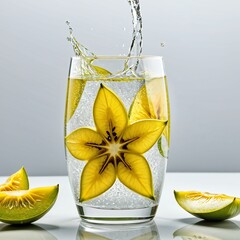 A splash into a glass with water and a cutted star fruit