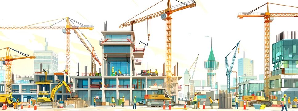 Replacement of old buildings with modern structures, construction site, cranes, busy workers, 