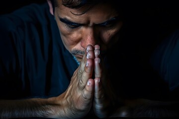 Man with Clasped Hands in Prayer or Deep Thought, Dramatic Lighting