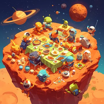 A heartwarming scene of an alien family enjoying a picnic on the moon. Surrounded by planets and stars, this whimsical image is perfect for travel, space exploration, or any cosmic themed project.