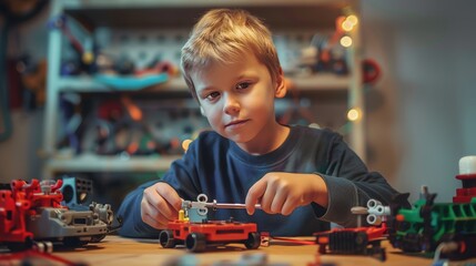 Young boy using a screwdriver to assemble colorful and imaginative toys for creative play
