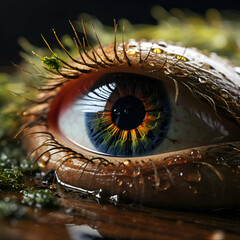 Close up image of human eye with green iris and moss