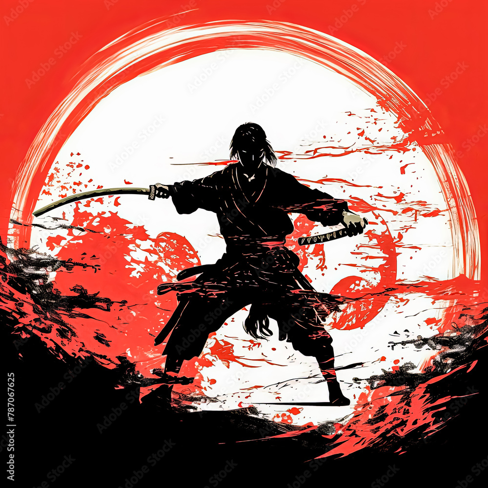 Poster a man in black is holding a sword and standing in front of a red circle.