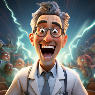 3D illustration of a cartoon character with glasses and a white coat