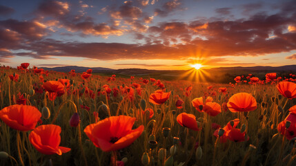 Stunning Sunset Glow Over Field of Red Poppies Landscape