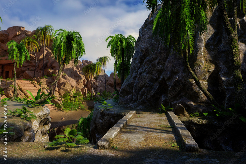 Poster fantasy landscape with stone bridge over a chasm in the mountains and steps leading to temple ruins 