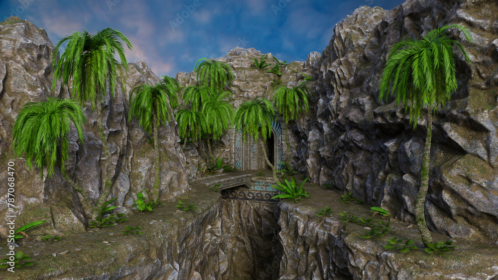 Poster bridge over a chasm leading to a fantasy medieval cave entrance built into a mountain. 3d render.