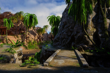 Fantasy landscape with stone bridge over a chasm in the mountains and steps leading to temple ruins in the background. 3D render.