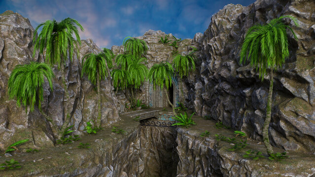Bridge over a chasm leading to a fantasy medieval cave entrance built into a mountain. 3D render.