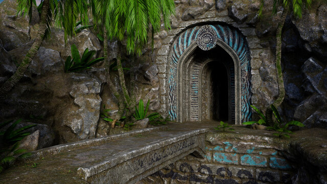 Stone bridge over a chasm leading to an old fantasy cave entrance in a moutnain. 3D rendered illustration.
