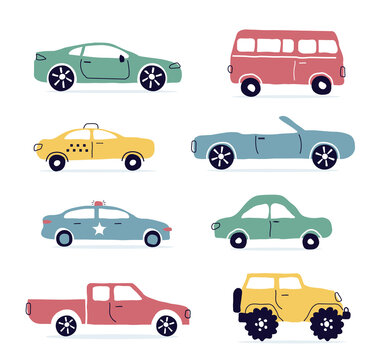 a car, a set of flat icons. urban car types isolated on a white background. Taxi, police, convertible, pickup truck. Bus, SUV. for print, postcard, banner, childrens clothing. art png illustration.