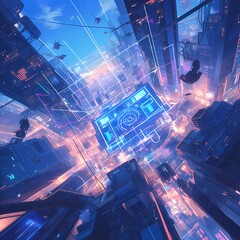 Vibrant Cityscape Illustration: Futuristic High-Rise Buildings & Cybernetic Infrastructure, Perfect for Games or Advertising Graphics. - obrazy, fototapety, plakaty
