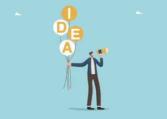 Leadership in creating brilliant ideas to grow business or overcome challenges, intelligence or creativity to achieve goals, mentoring for innovation, man with loudspeaker holds balloons with idea.