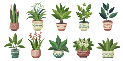 Collection of trendy home cute plants in flower pots pack icons. Houseplants or flower in pots modern vector illustration. Green plants growing in a pots. Set of potted plants icon. - obrazy, fototapety, plakaty