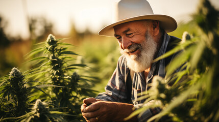 Elderly Man Laughing Amongst Cannabis Plants in Sunny Field